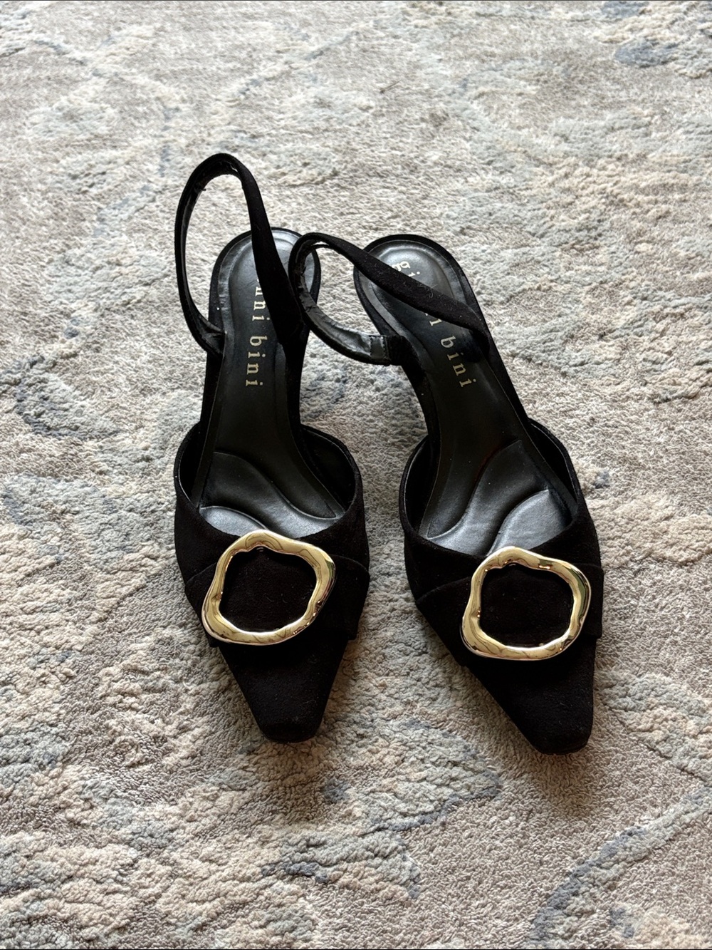 Gianni Bini Black Slingback Pointed Heels with Gold Buckle